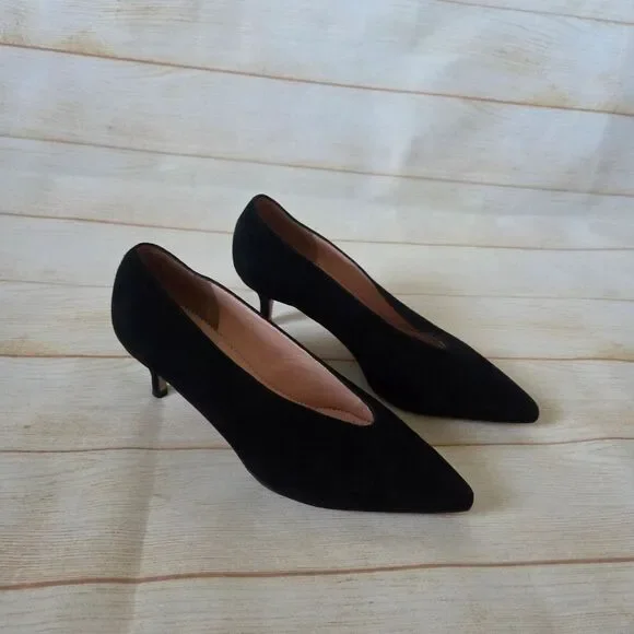 J. Crew Suede Leather Kitten Heels Pointy Toe Slide Women Shoes Size 6 1/2 Black - Picture 4 of 13